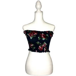 Papaya Cropped Tube Top Red Roses Blue and Green Size Small